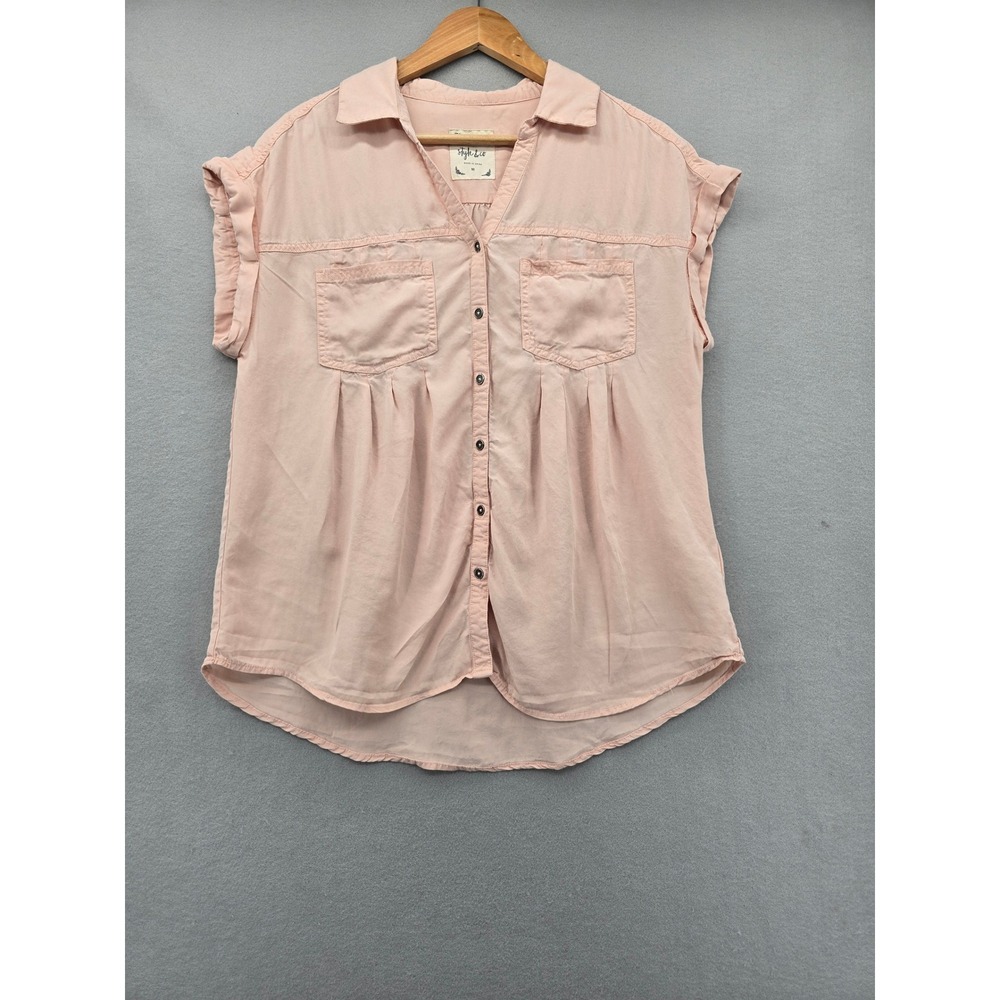 Style & Co Blush Pink Lyocell Button Down Top Short Sleeve Pleated Blouse Medium